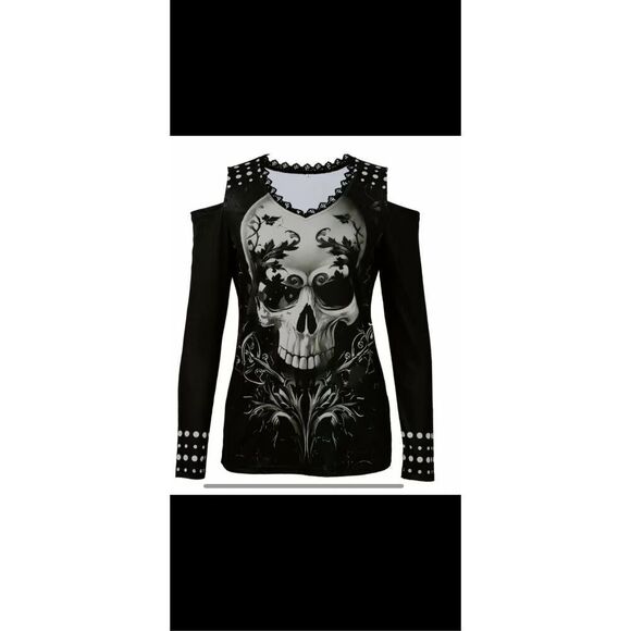 Skull V-neck Long sleeve top with contrast trim, medium stretch Tag says 2X but - Picture 6 of 11